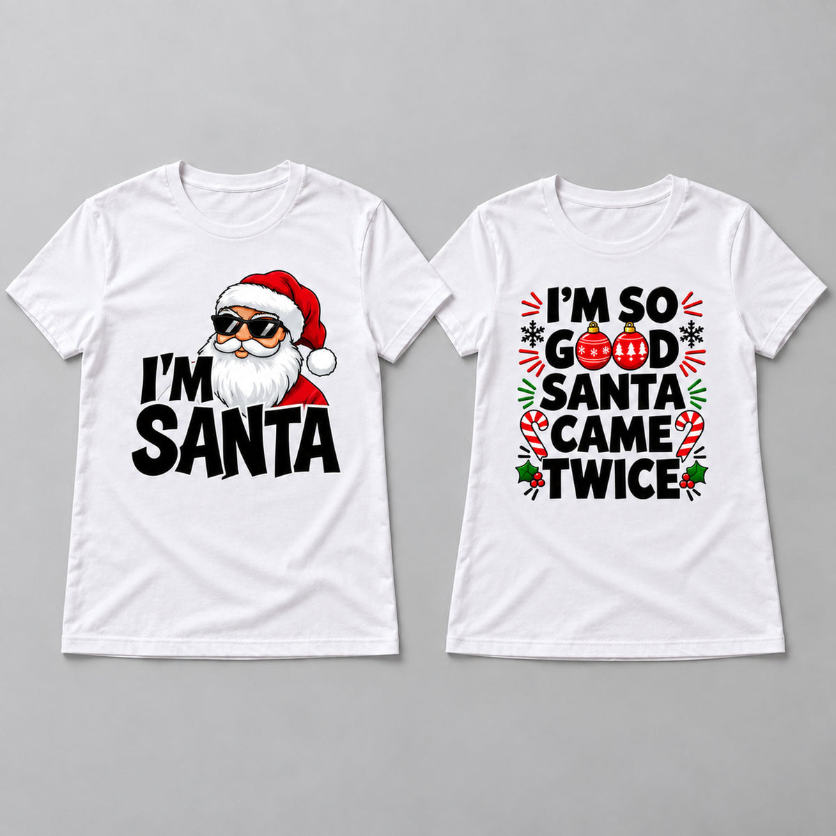 White Christmas couple graphic tees in a front flat lay, with Santa on the men's design and festive ornaments on the women's design