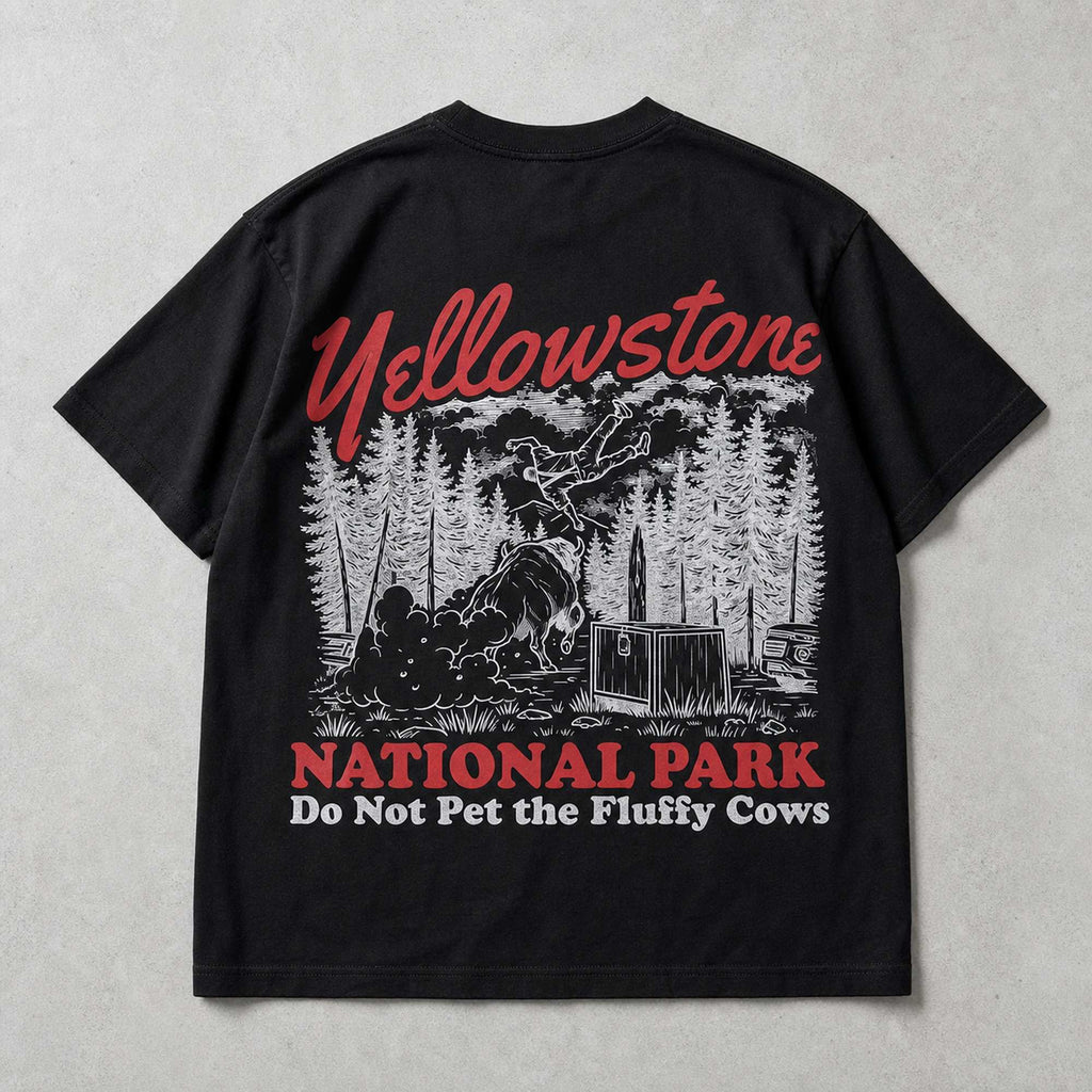 Yellowstone Fluffy Cows bison toss black graphic tee back print flat lay