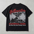 Yellowstone Fluffy Cows bison toss black graphic tee back print flat lay