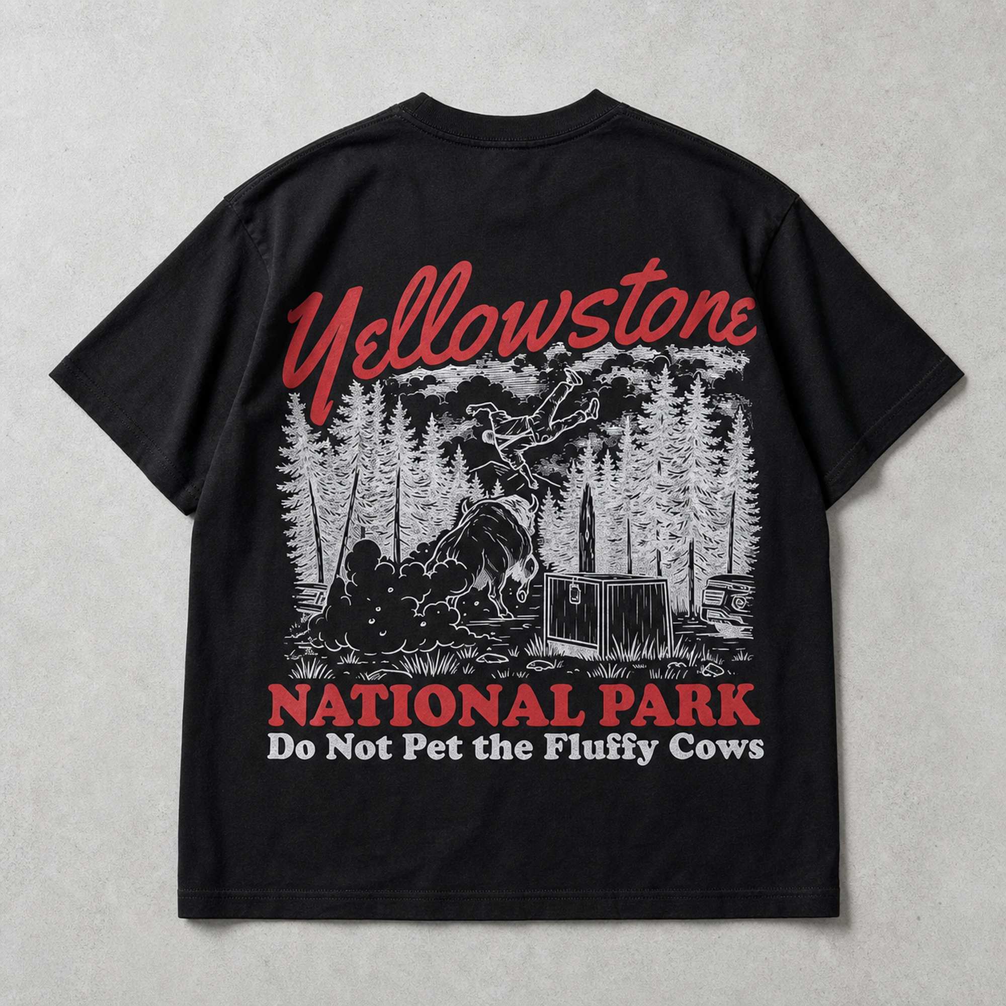 Yellowstone Fluffy Cows bison toss black graphic tee back print flat lay