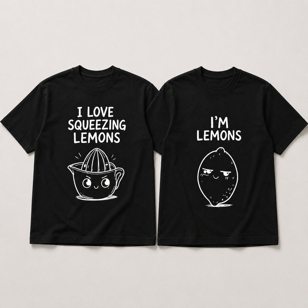 I Love Squeezing Lemons matching couple funny graphic tee black front flat lay