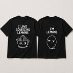 I Love Squeezing Lemons matching couple funny graphic tee black front flat lay