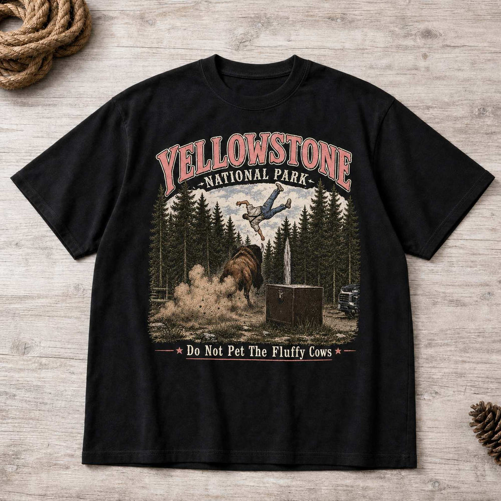 Yellowstone bison national park graphic tee black front flat lay with rope and pinecone