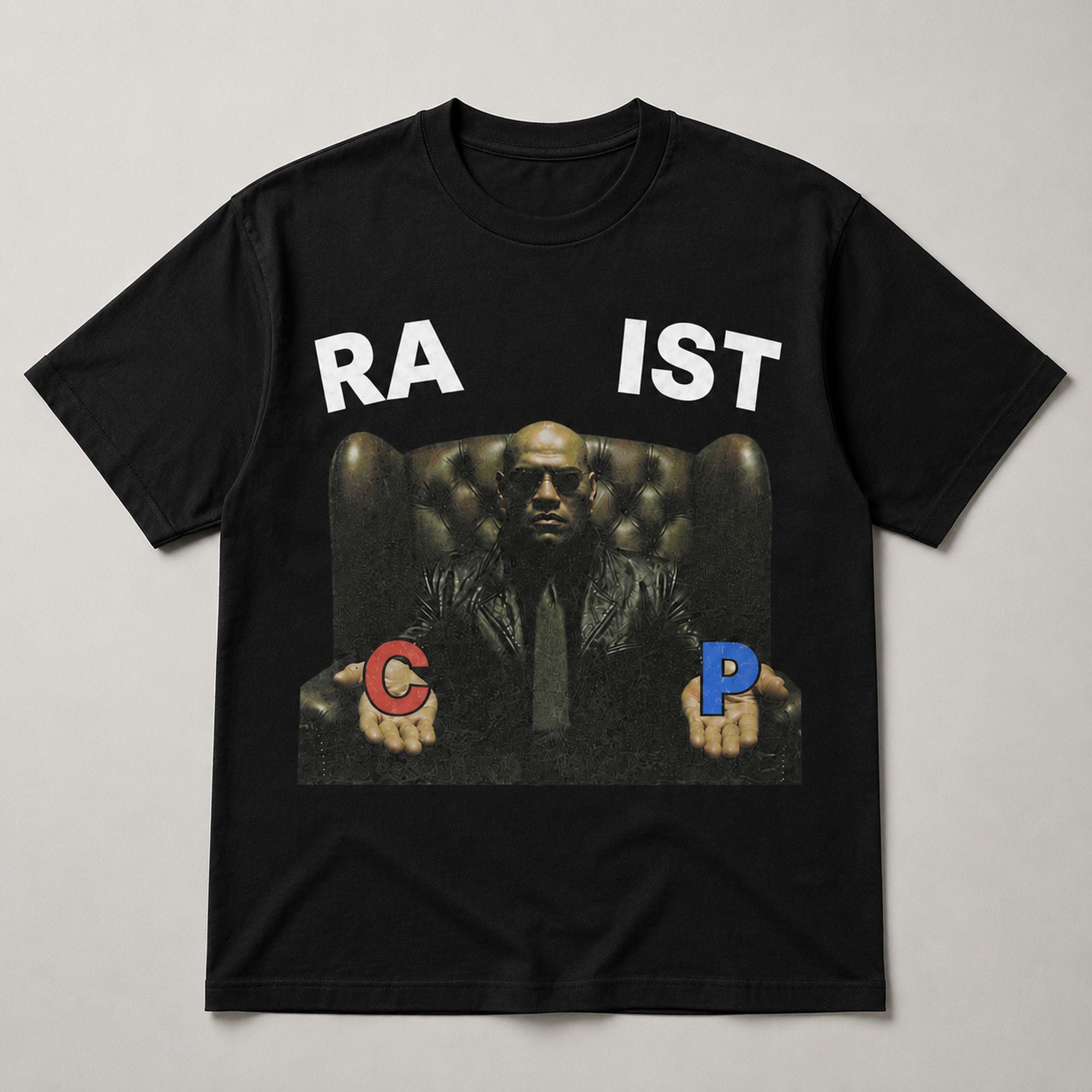 RA IST Red Blue Choice meme graphic tee black front flat lay