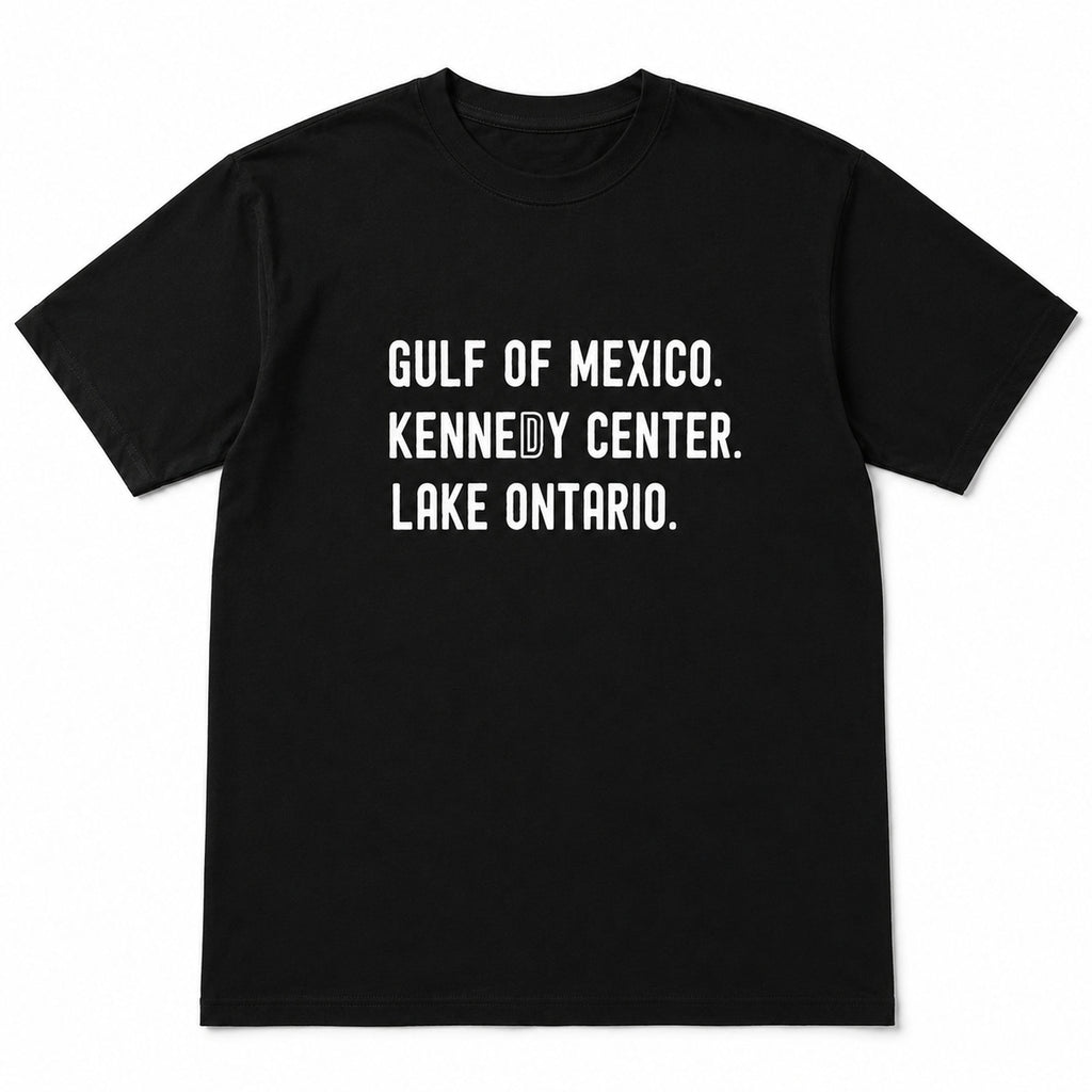 Gulf of Mexico Kennedy Center Lake Ontario political satire black graphic tee front-print flat lay