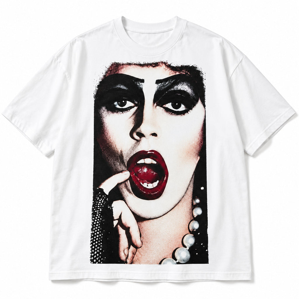 Cult glam horror portrait white graphic tee front flat lay with theatrical makeup artwork