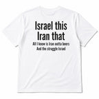Israel This Iran That beer-pun white graphic tee back flat lay with black slogan lettering