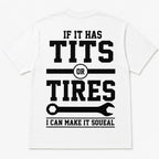 If It Has Tits Or Tires blue-collar dad graphic tee white back print flat lay