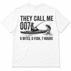 They Call Me 007 fishing back print white tee flat lay