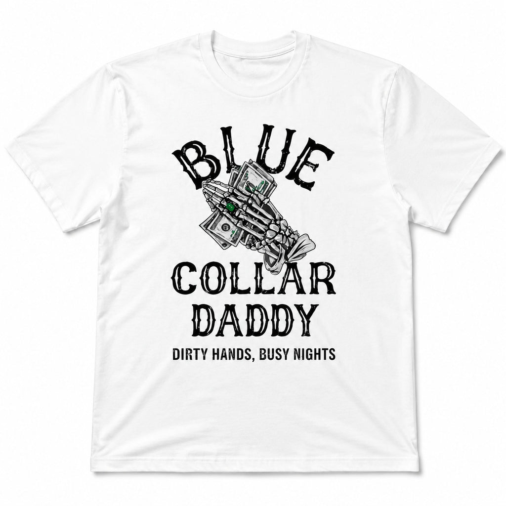 Blue Collar Daddy back print white tee flat lay