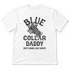 Blue Collar Daddy back print white tee flat lay