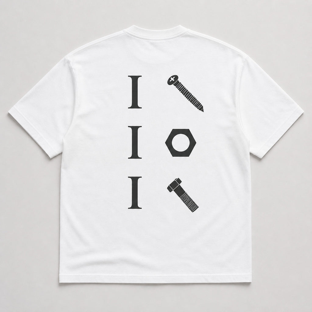 I Screw I Nut I Bolt mechanic humor graphic tee white back flat lay