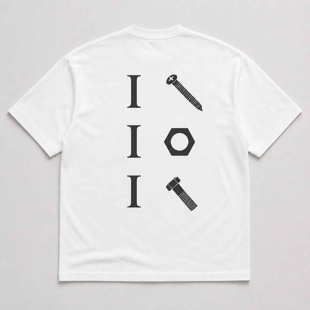 I Screw I Nut I Bolt mechanic humor graphic tee white back flat lay