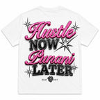 Hustle Now Punani Later funny graphic tee white back print flat lay