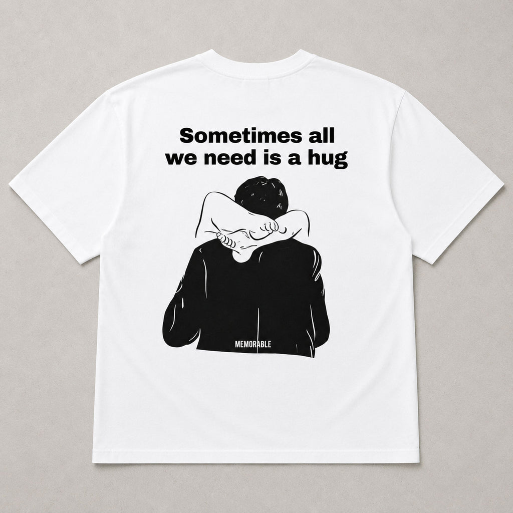 Sometimes All We Need Is A Hug graphic tee white back flat lay