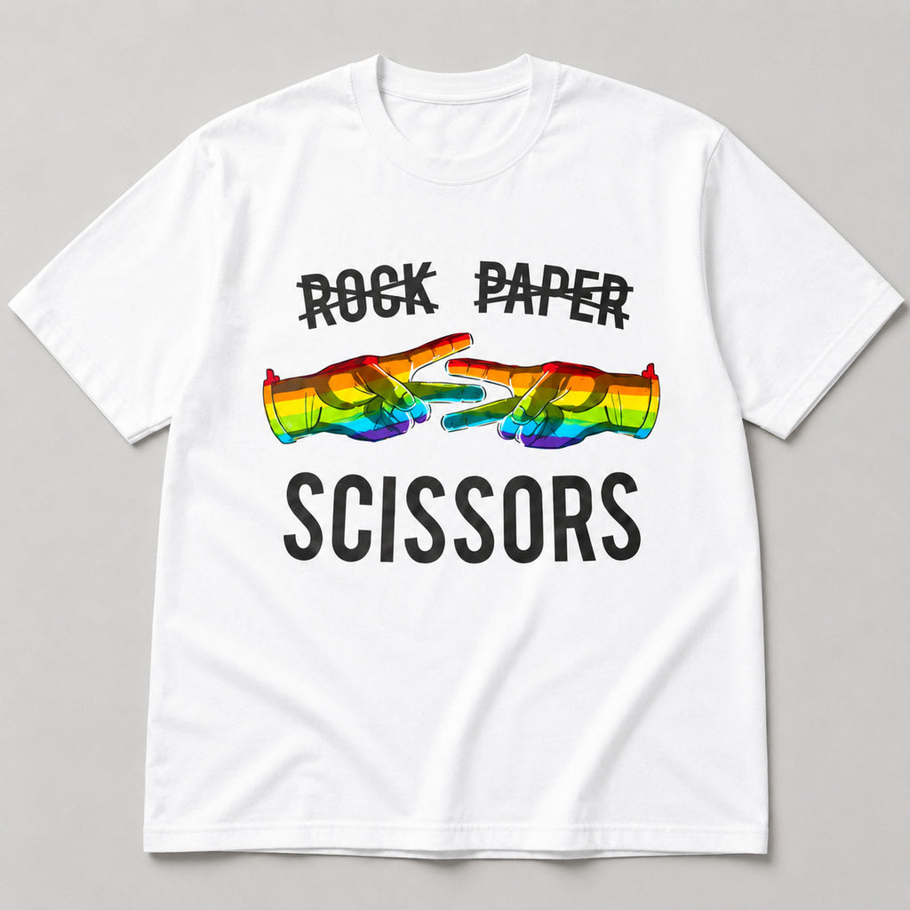 Rock Paper Scissors Rainbow Hands Pride graphic tee white flat lay