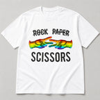 Rock Paper Scissors Rainbow Hands Pride graphic tee white flat lay