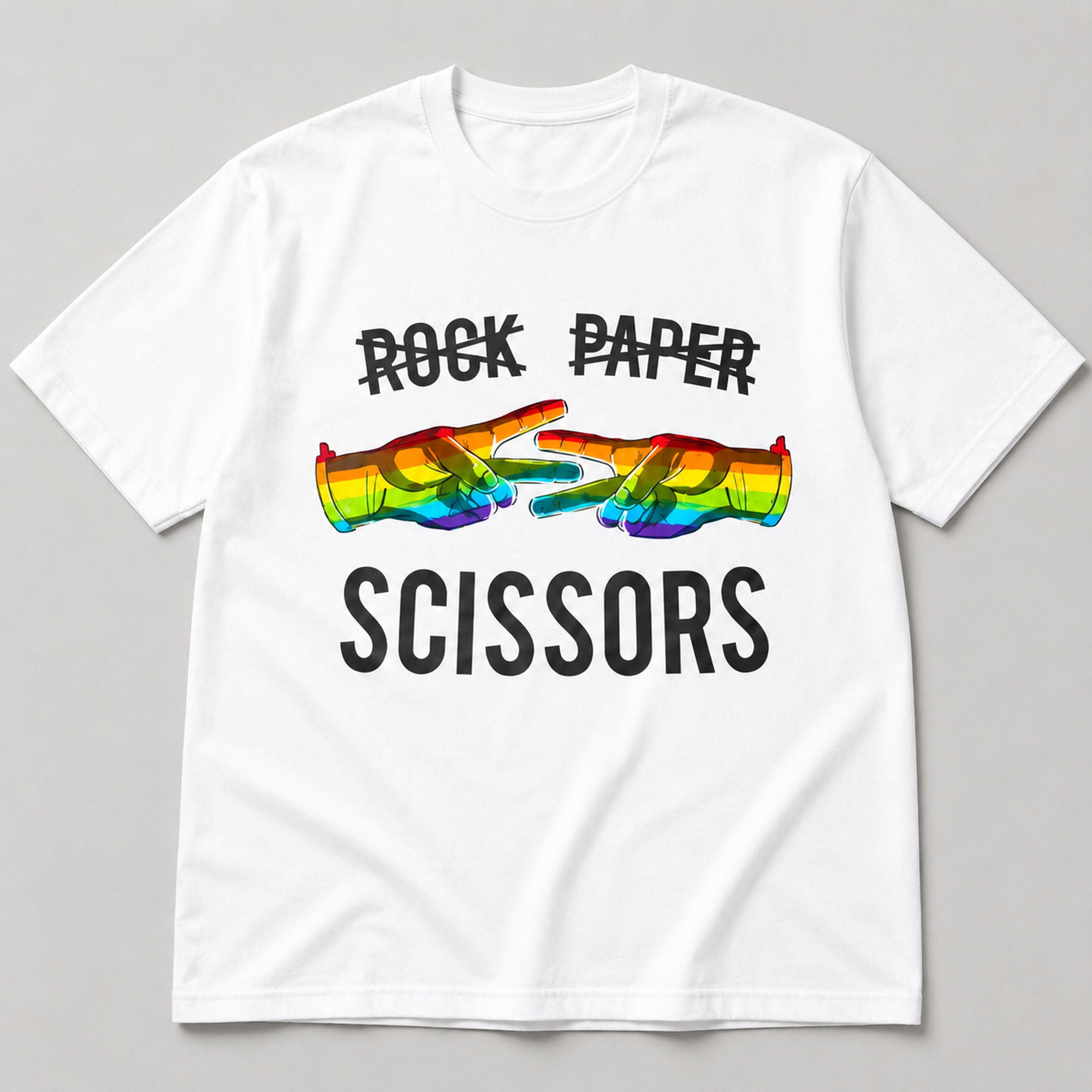Rock Paper Scissors Rainbow Hands Pride graphic tee white flat lay