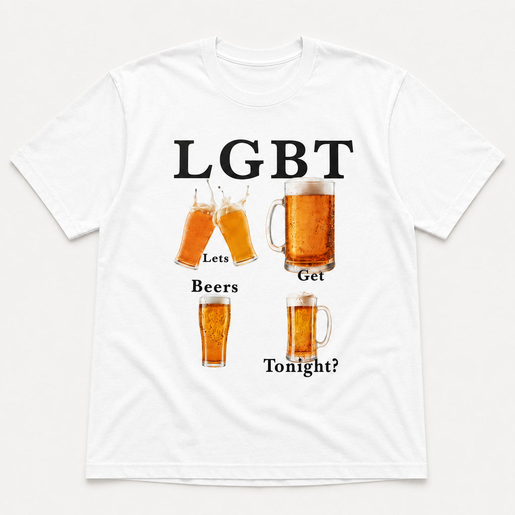 LGBT Let's Get Beers Tonight funny beer graphic tee white front flat lay