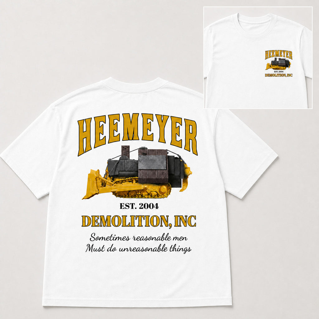Heemeyer Demolition Inc double-sided graphic tee white back flat lay with front chest inset