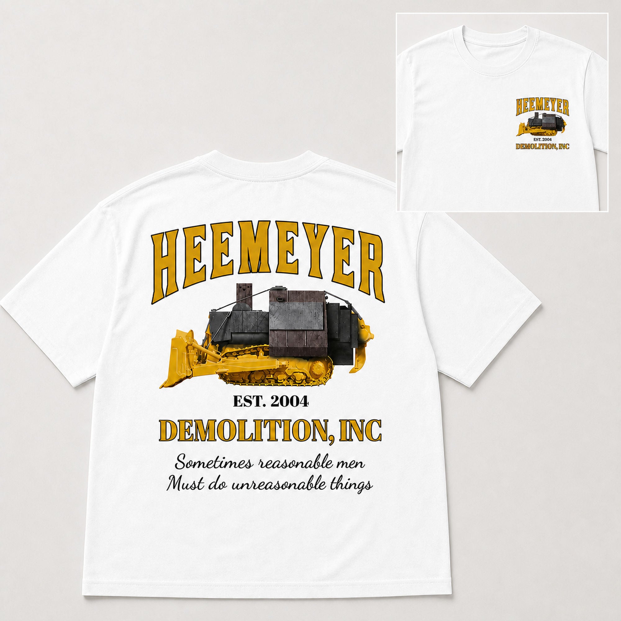 Heemeyer Demolition Inc double-sided graphic tee white back flat lay with front chest inset