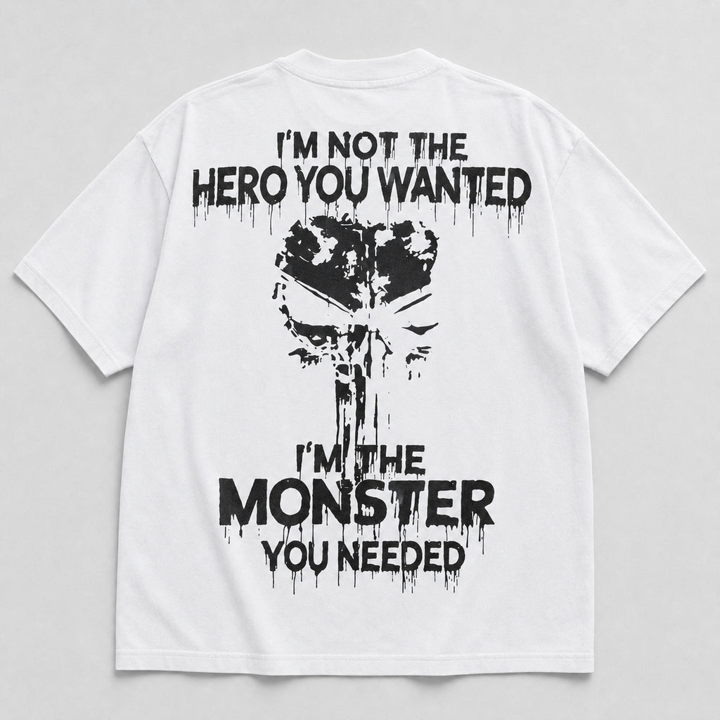 I'm Not the Hero You Wanted monster back print graphic tee white back flat lay