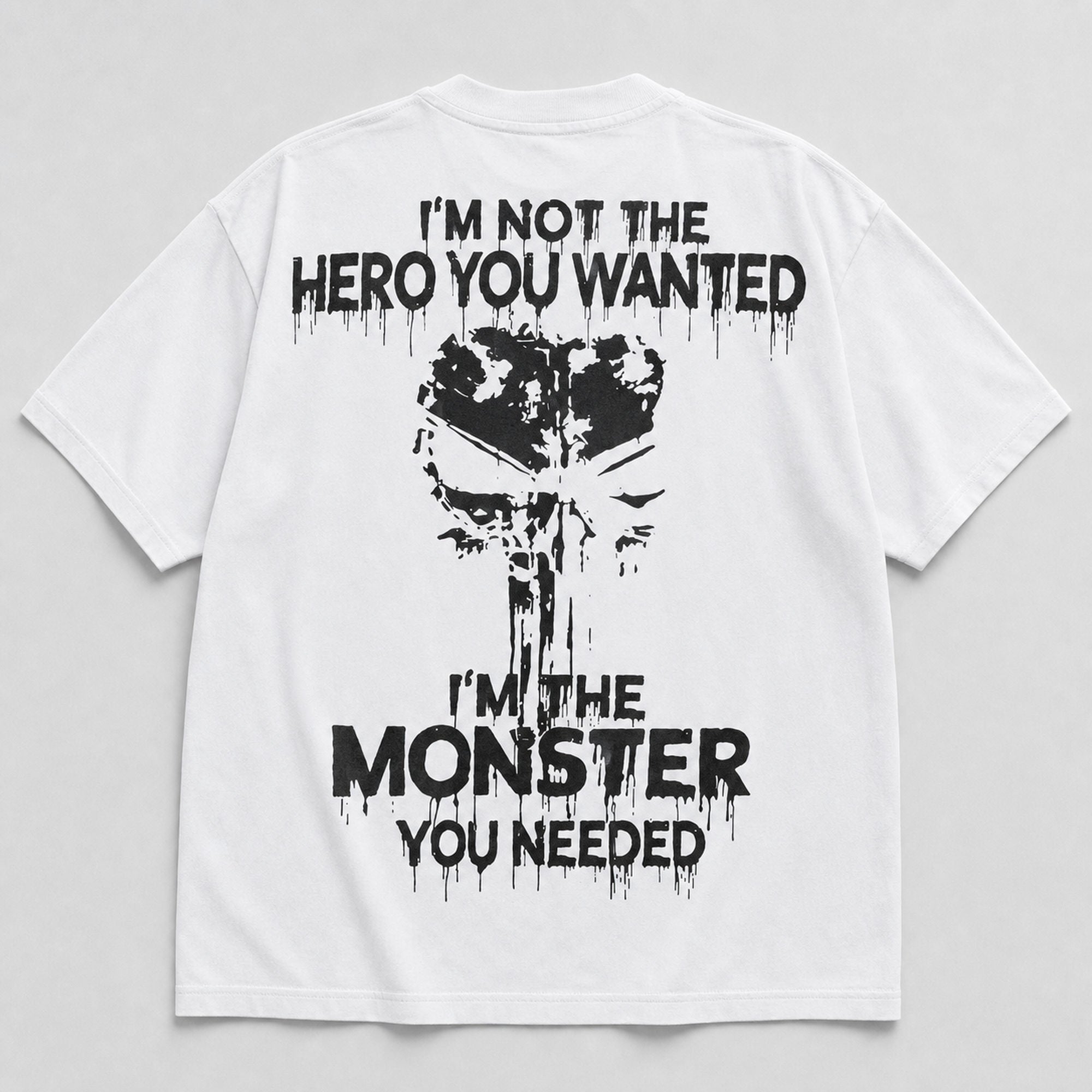I'm Not the Hero You Wanted monster back print graphic tee white back flat lay