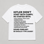 Hitler Didn't Start With Camps historical warning white graphic tee back flat lay