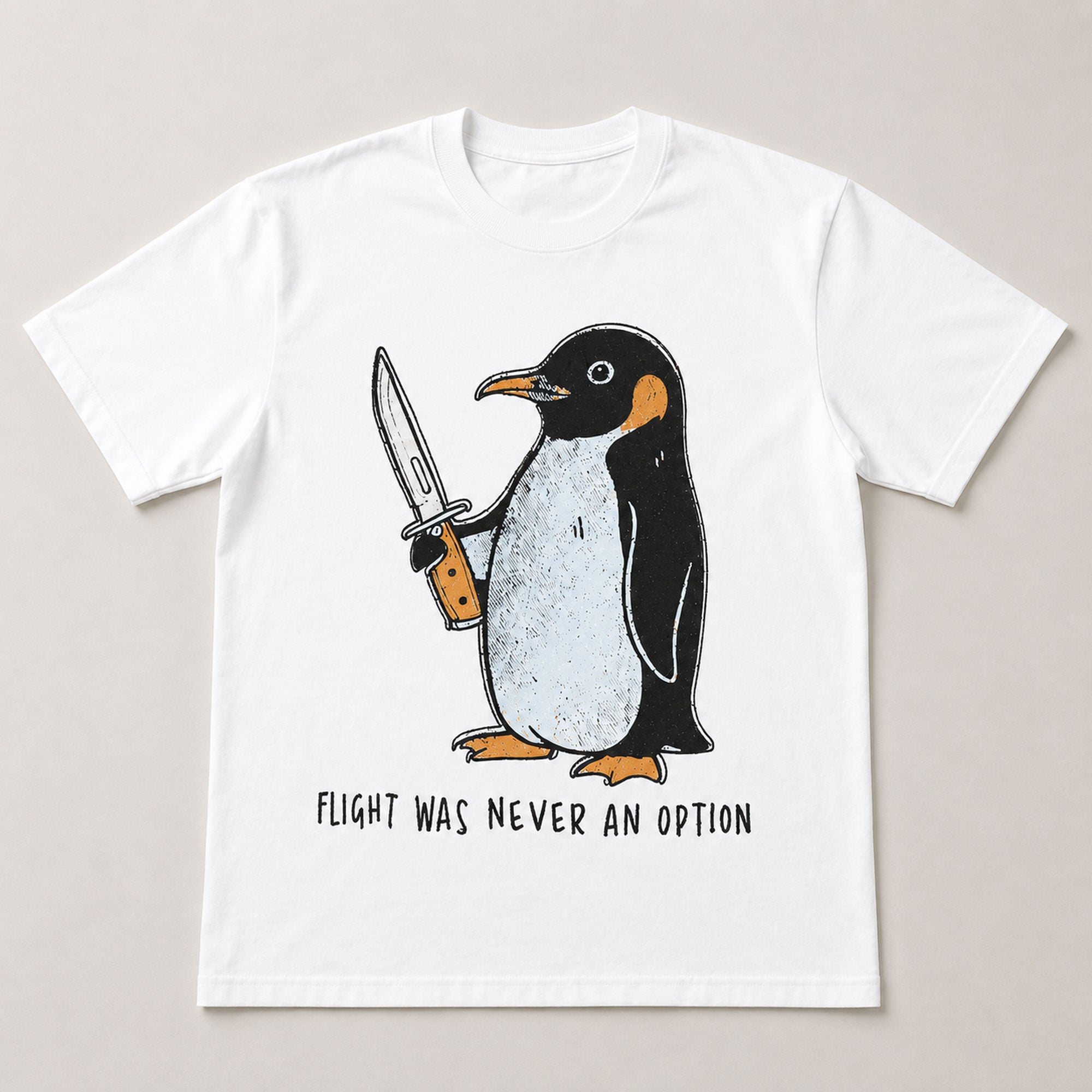 Flight Was Never An Option penguin graphic tee white front flat lay