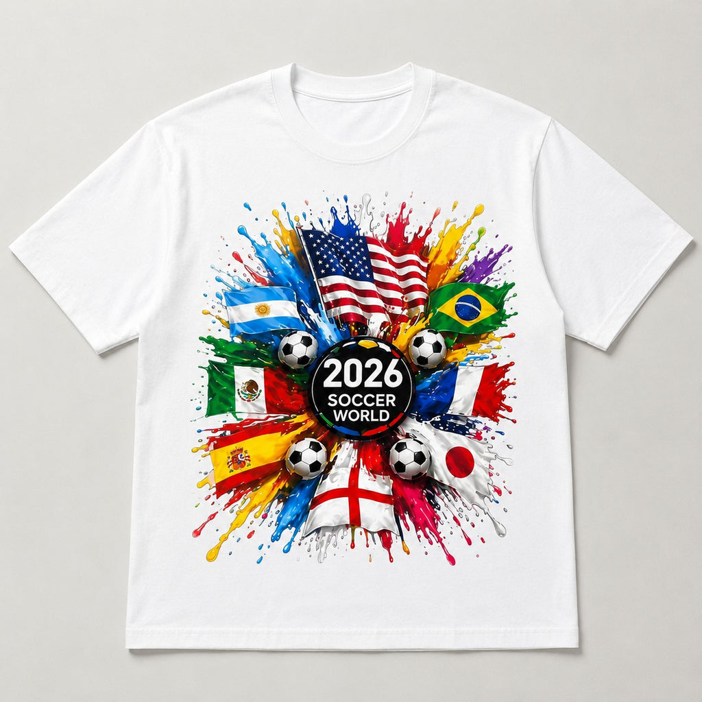 2026 Soccer World soccer fan graphic tee white flat lay