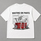 Waiting On Parts mechanic skeleton graphic tee white front print flat lay