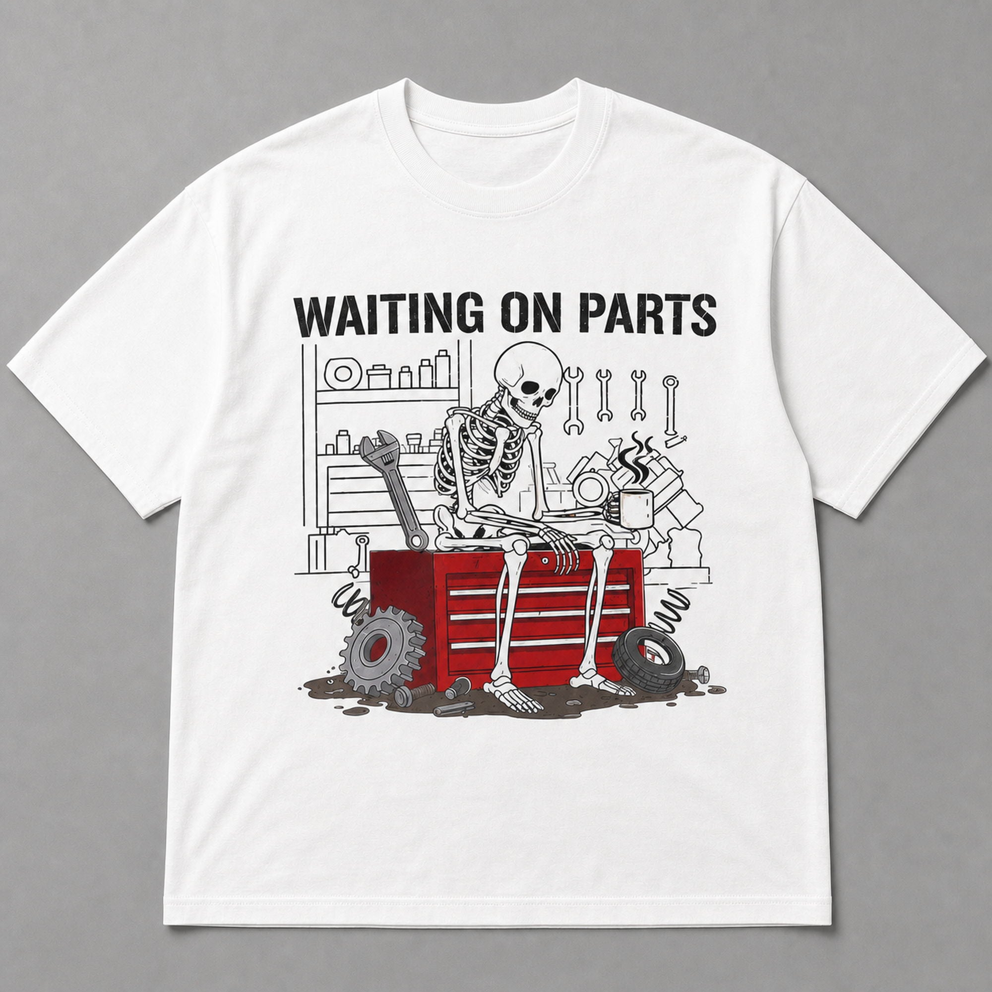 Waiting On Parts mechanic skeleton graphic tee white front print flat lay