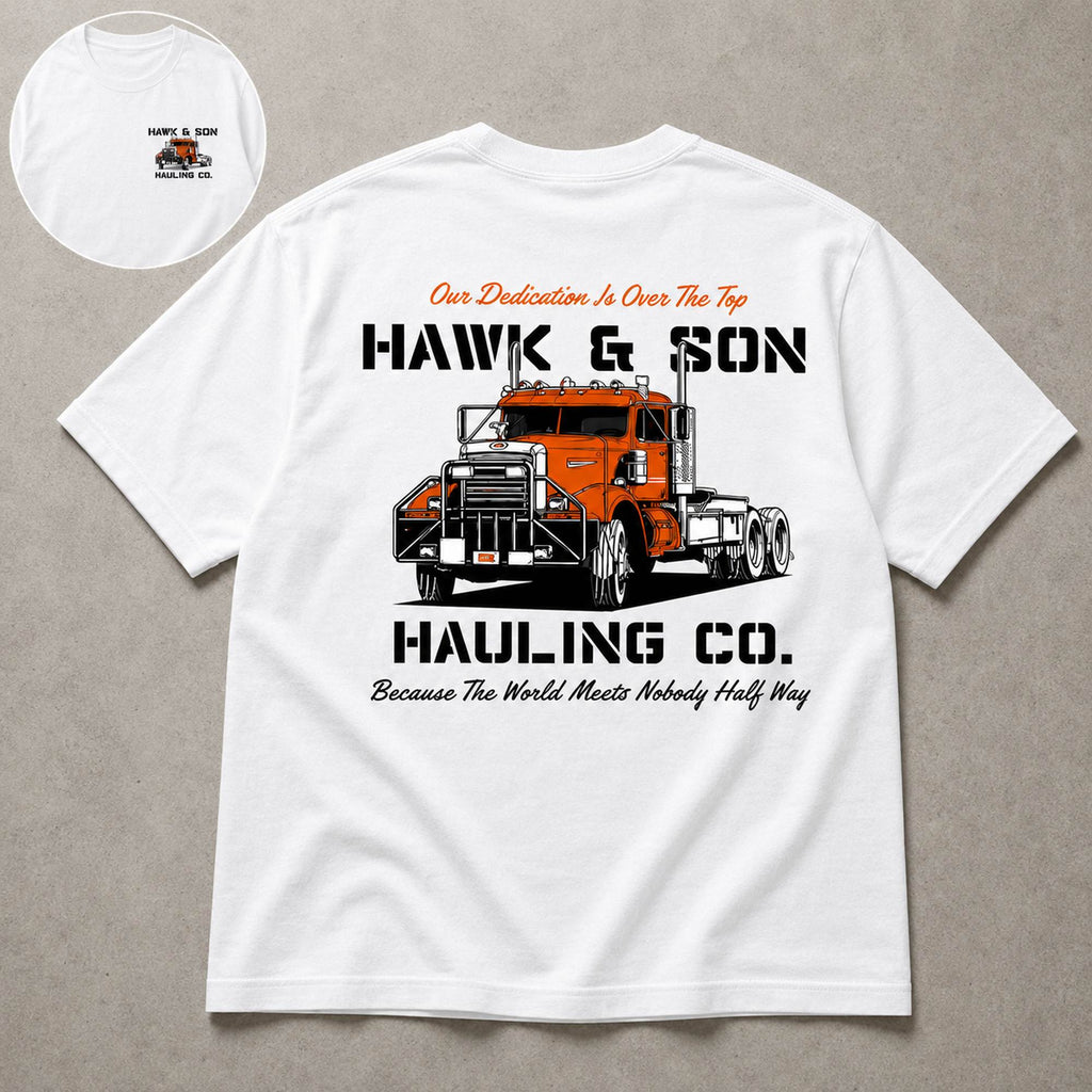 Hawk & Son Hauling Co trucker graphic tee white back flat lay