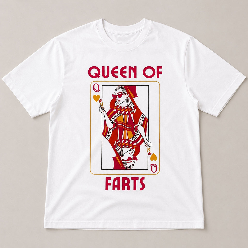 Queen Of Farts playing card graphic tee white front flat lay