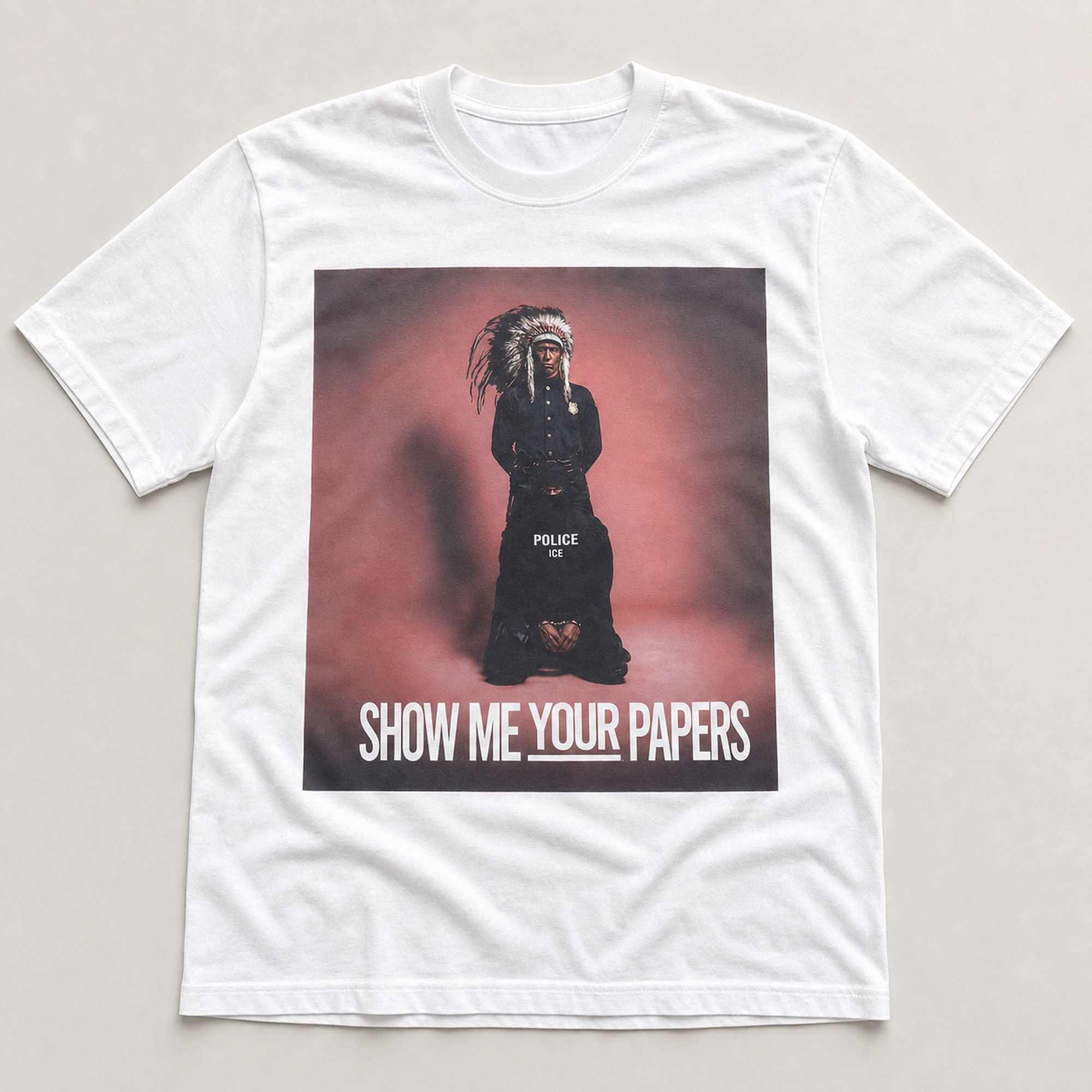 Show Me Your Papers statement graphic tee white front flat lay