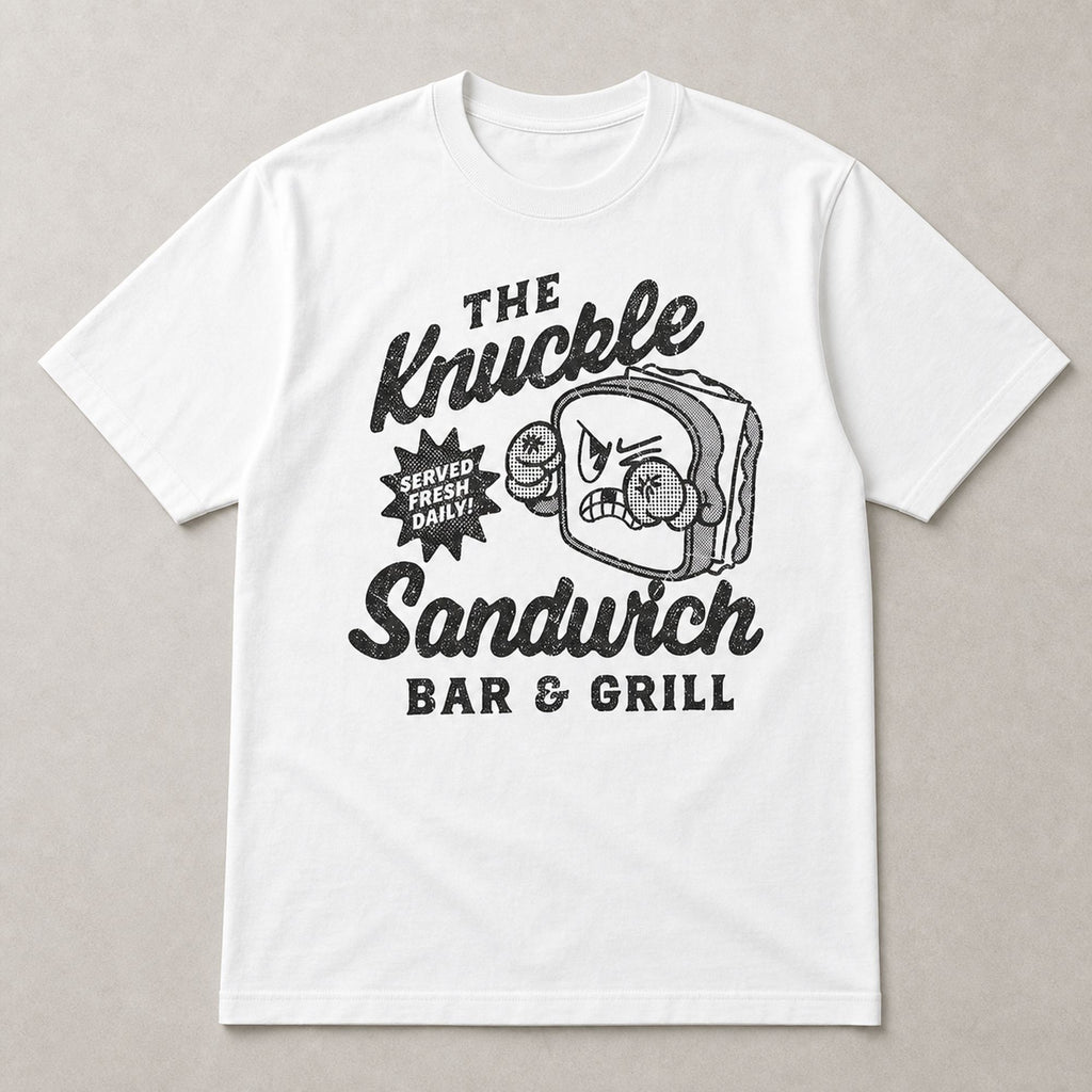 The Knuckle Sandwich Bar & Grill Funny Graphic Tee front print product photo 04 | Diya Glow