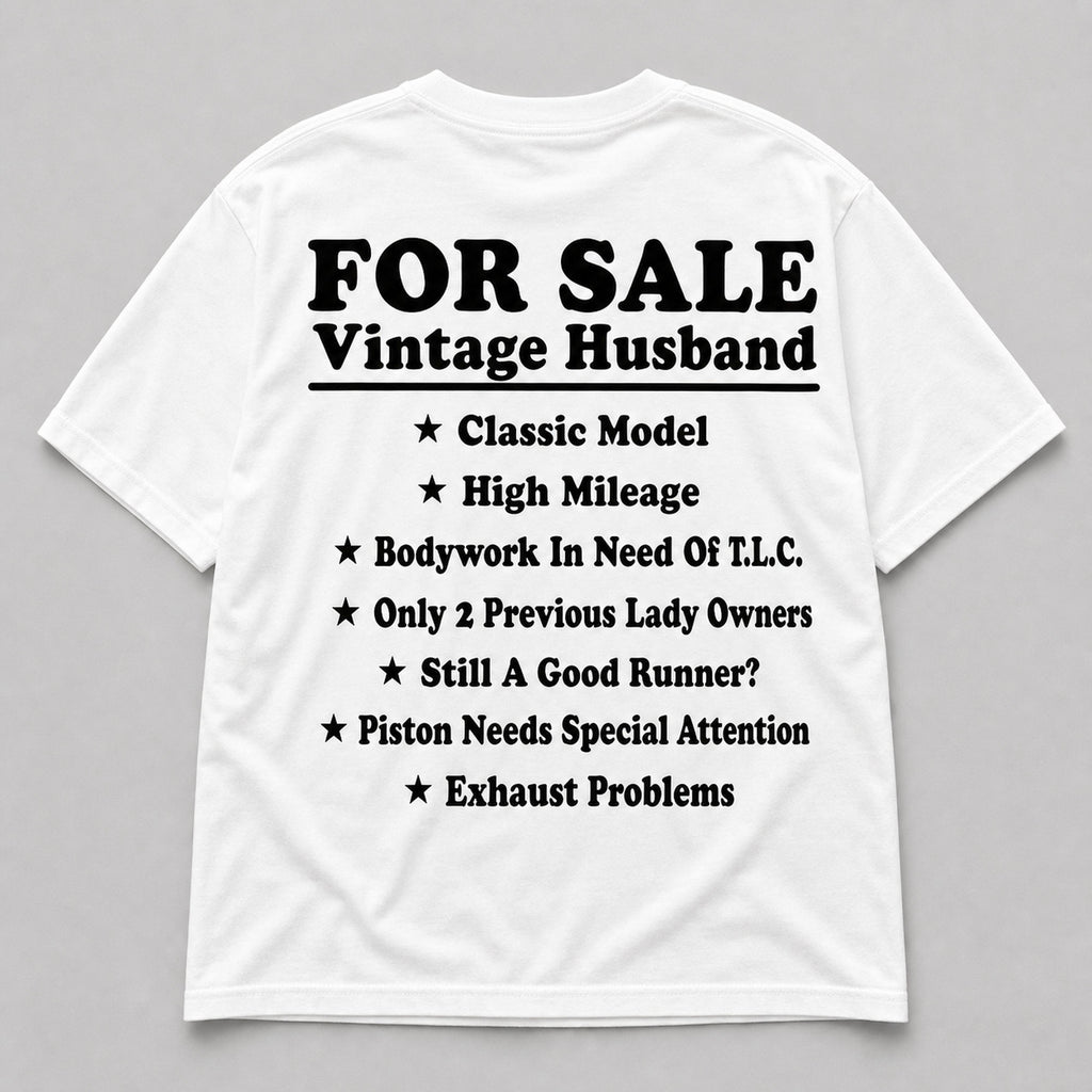 For Sale Vintage Husband funny graphic tee white back print flat lay