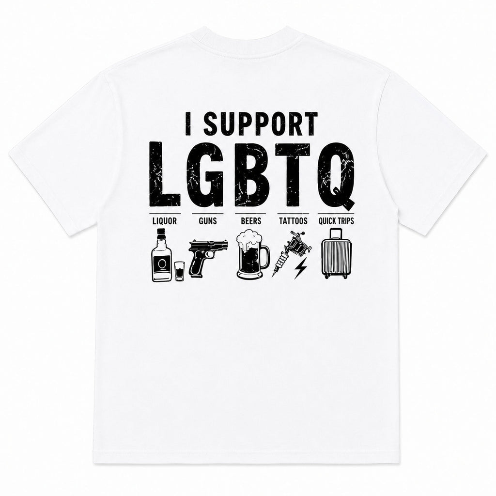 I Support LGBTQ funny back print graphic tee white back flat lay