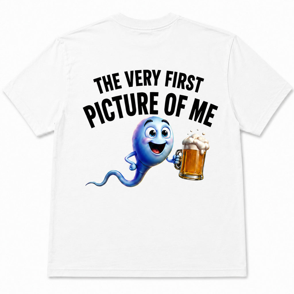 The Very First Picture of Me funny back print graphic tee white back flat lay