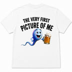 The Very First Picture of Me funny back print graphic tee white back flat lay