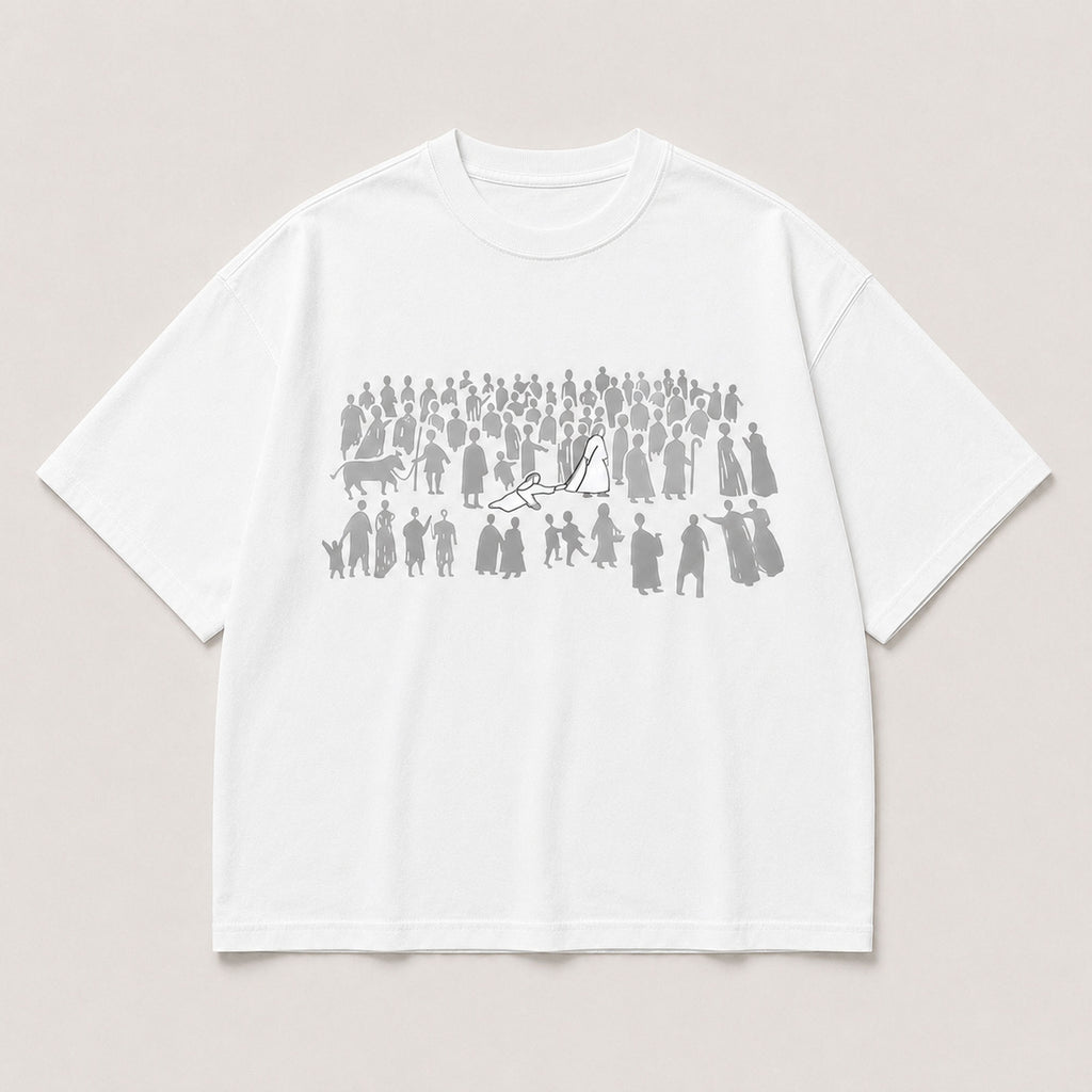 Jesus Among the Crowd white faith graphic tee front print flat lay