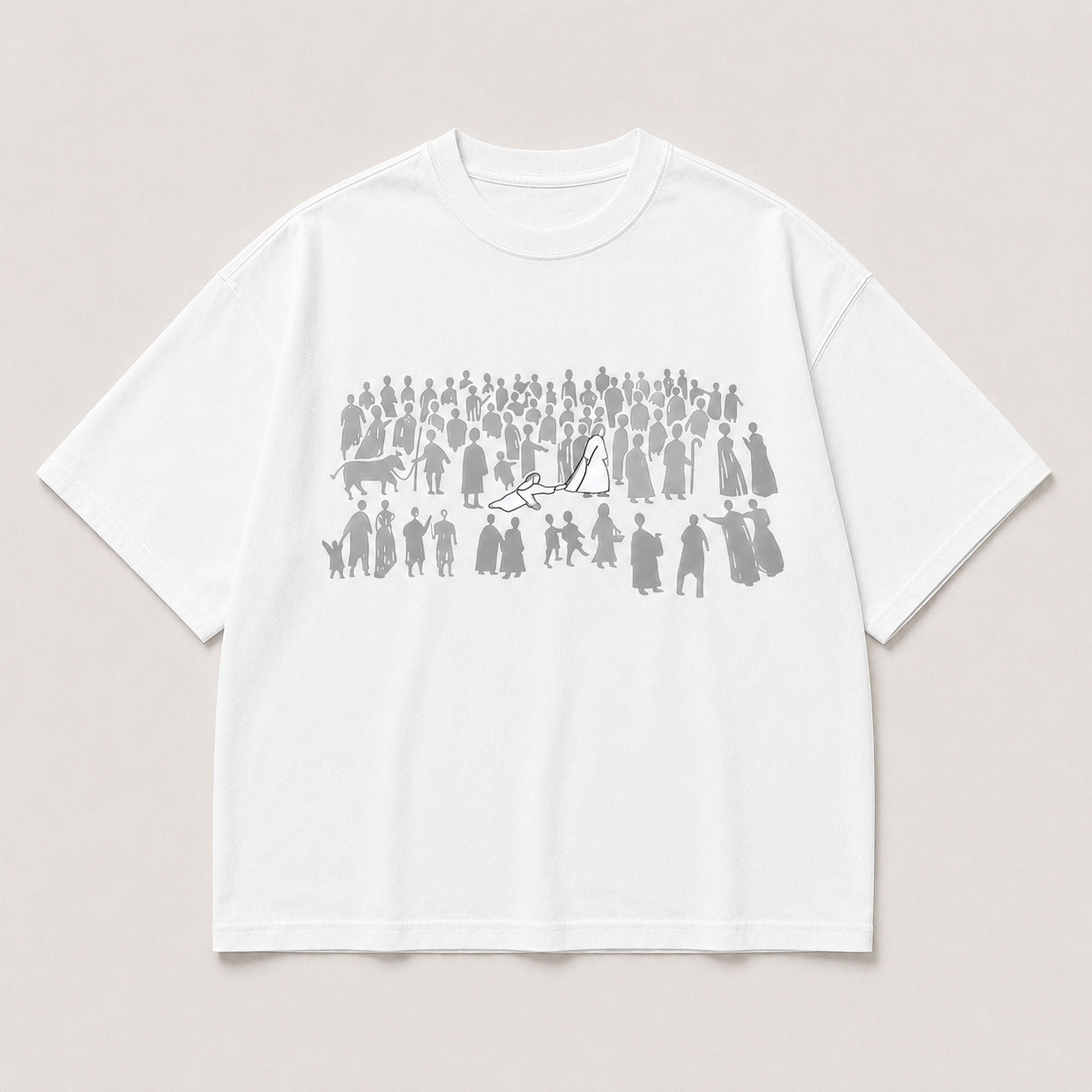 Jesus Among the Crowd white faith graphic tee front print flat lay