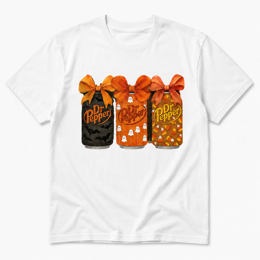 White Dr Pepper Halloween bow cans front-print graphic tee, front flat lay on a white background