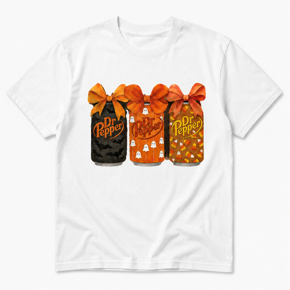 White Dr Pepper Halloween bow cans front-print graphic tee, front flat lay on a white background