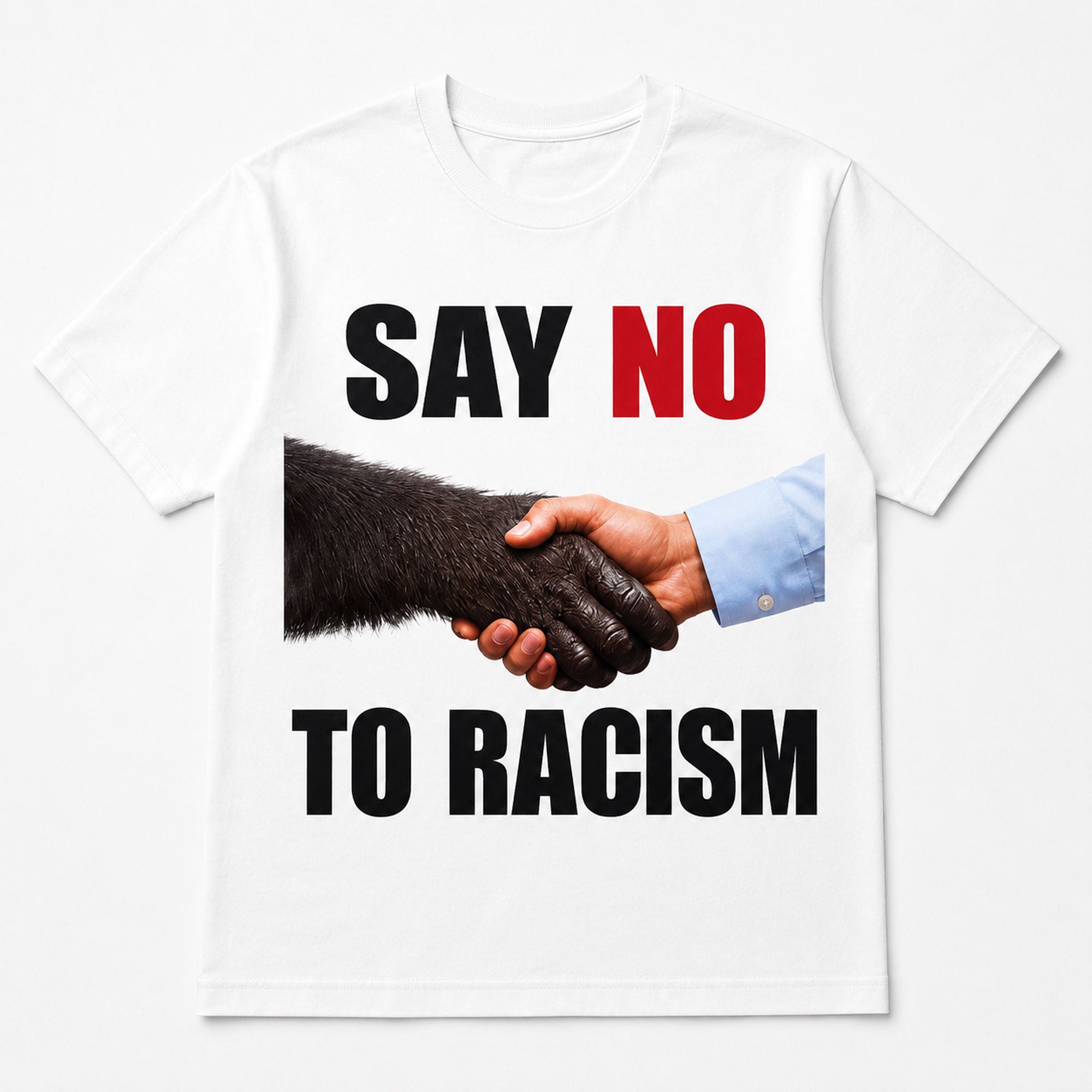 Say No To Racism anti-racism graphic tee white front flat lay