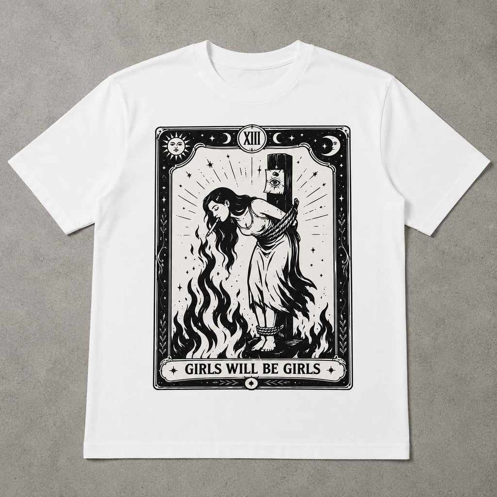 Girls Will Be Girls feminist witch tarot graphic tee white front print flat lay