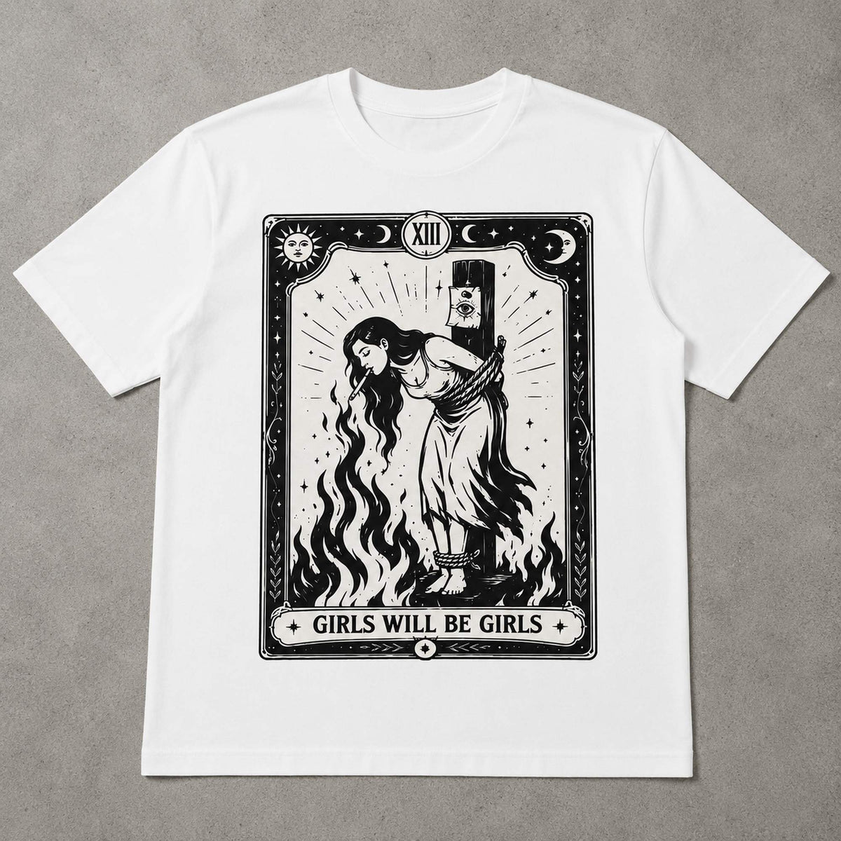 Girls Will Be Girls feminist witch tarot graphic tee white front print flat lay