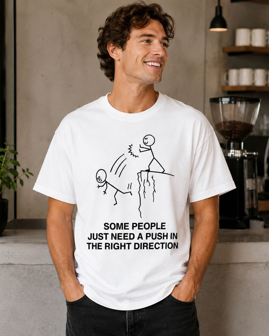 A playful direction-themed graphic tee with a bold stick-figure front print.