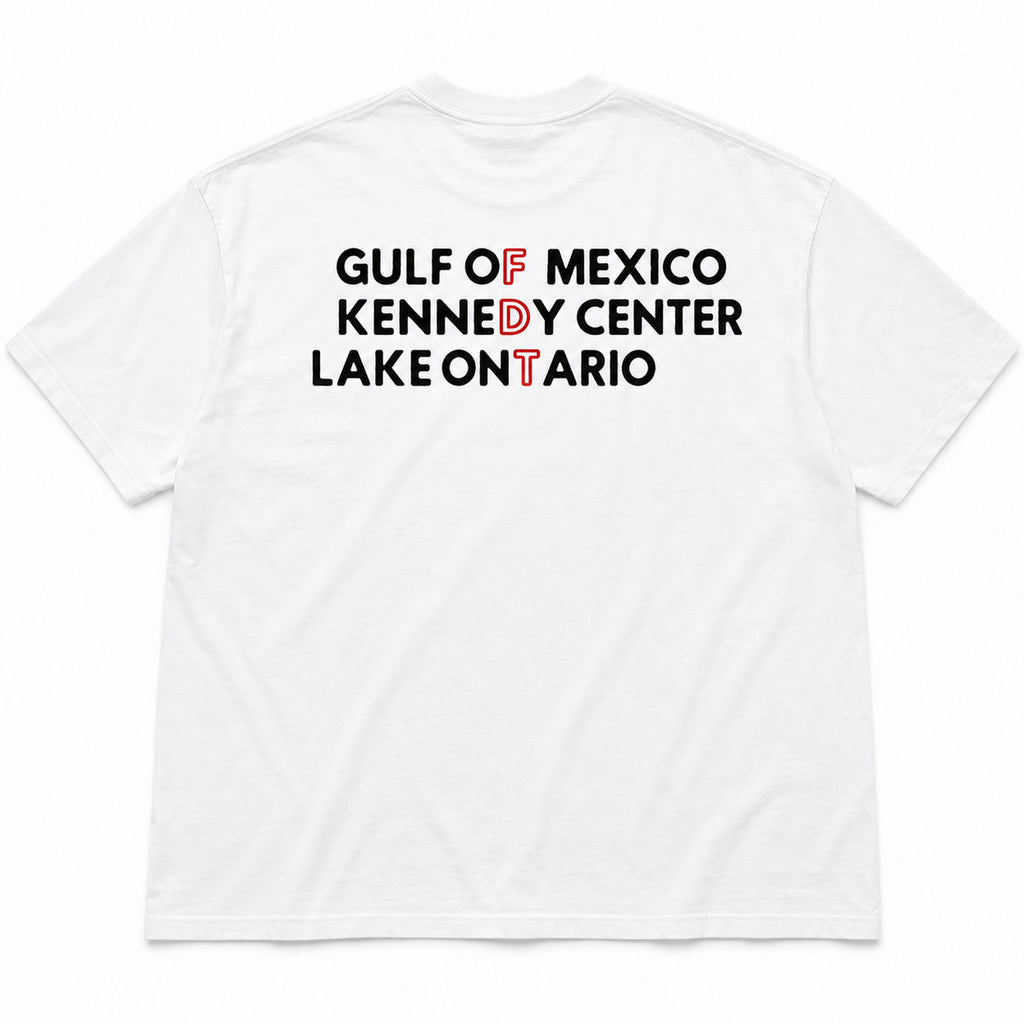 Gulf of Mexico Kennedy Center Lake Ontario FDT white graphic tee back-print flat lay
