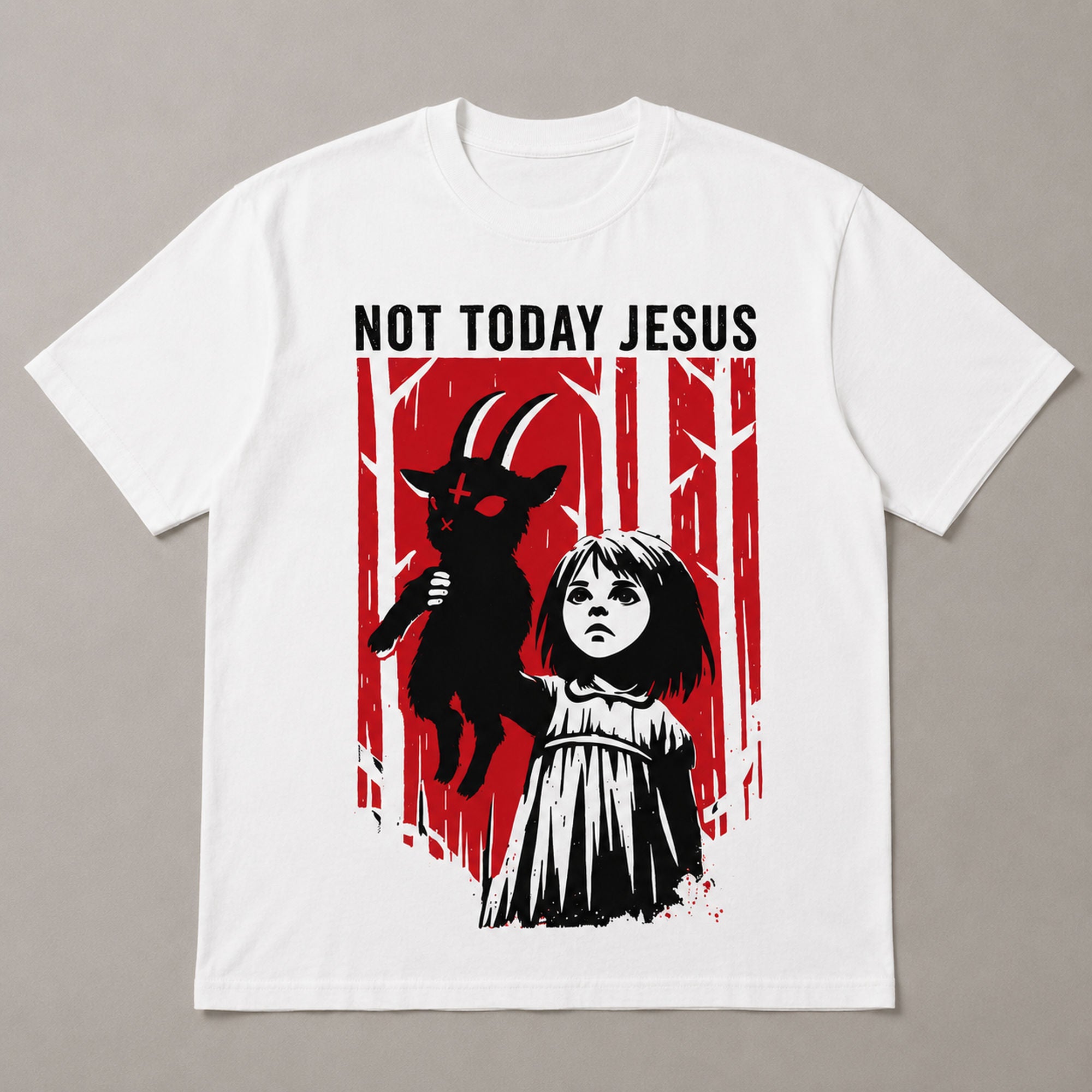 Not Today Jesus gothic horror graphic tee white front print flat lay